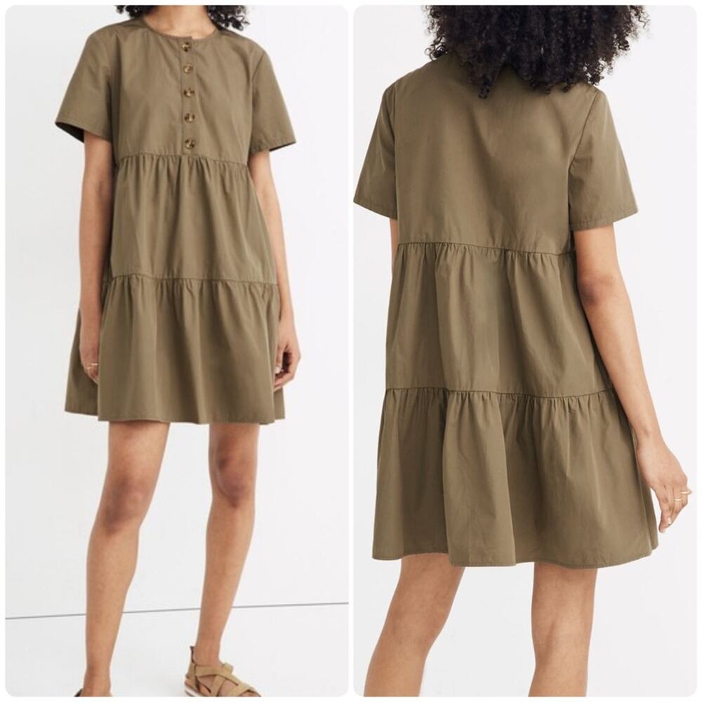 Madewell Button-Front Short-Sleeve Tiered Mini Dress in Distant Surplus Green